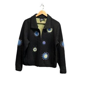 Icelandic Design Black Embroidery Graphic Full Zip Women's Wool Sweater Size M